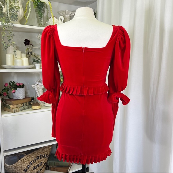 Hot Fashionista Red Matilda Velvet Long Sleeve Pleated Hem Mini Dress - Picture 5 of 16